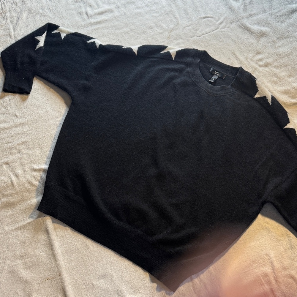 Aqua Cashmere Black Sweater with White Stars on Sleeves, L